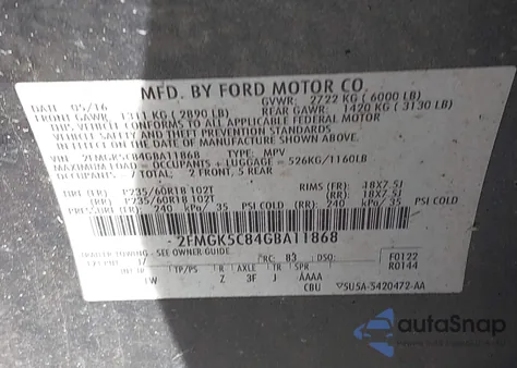 2016 Ford Flex Sel из США, поврежденный, VIN 2FMGK5C84GBA11868